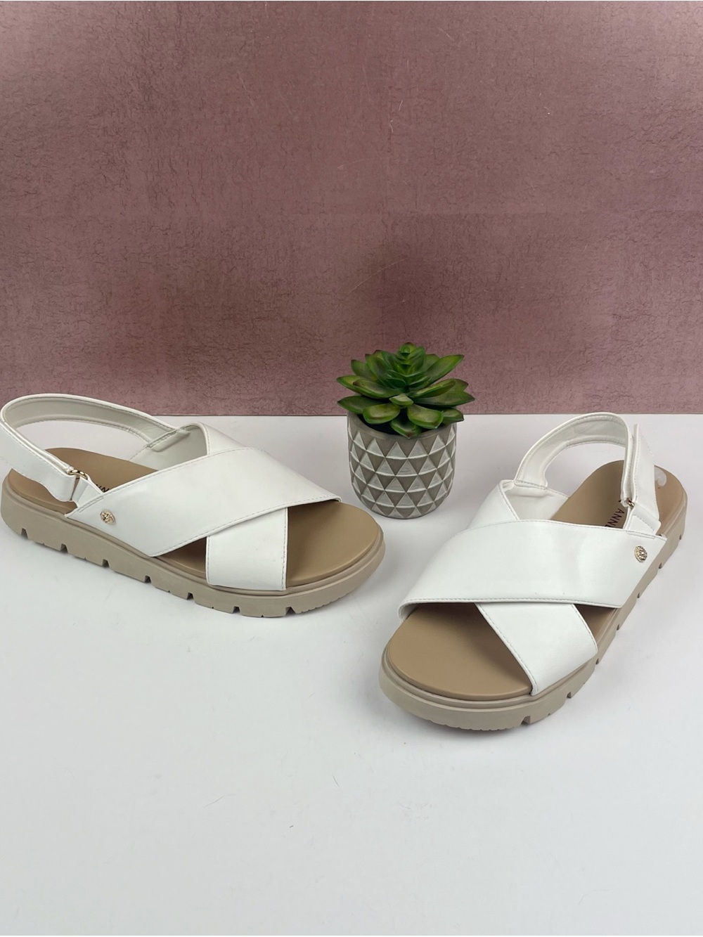 Anne Klein White Tan Open Toe Sandals Platform Shoes Women 8.5M